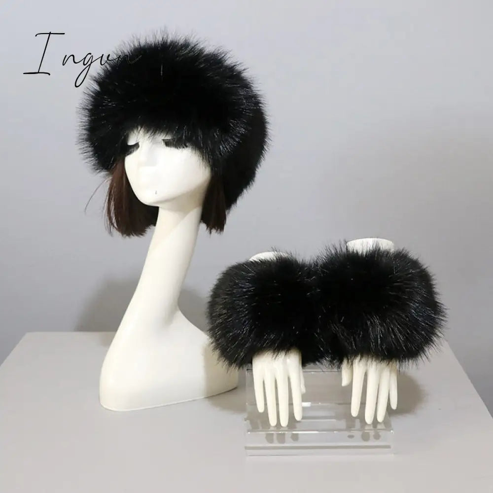 Ingvn - New Autumn Winter Caps Female Hats Cuffs Set Fashion Warmth Imitation Quality Design Faux Fur Hat Fox Fur Sleeves Suit Accessary