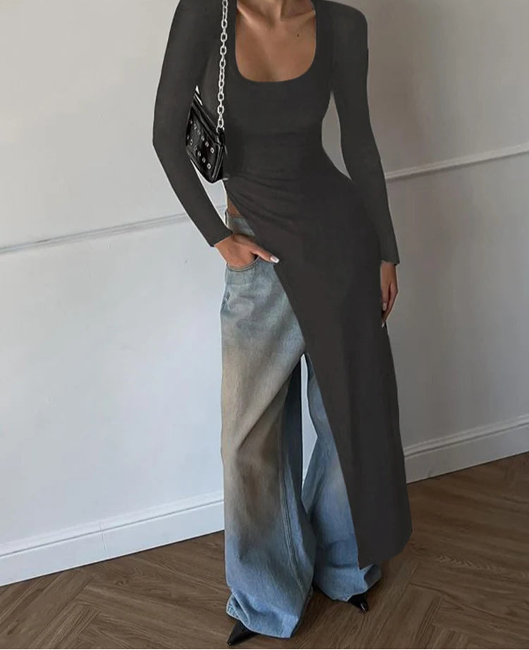 Solid Unique Women Tops Classic Concise Autumn Full Sleeve U-neck Skinny Splited Super-Long Tees Popular New Wild T-shirts