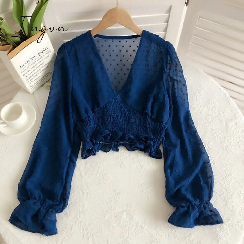 Ingvn - Women Fashion Spring Women Sweet Spot Blouse Ladies Fashion Chiffon Pullover Shirt V-neck Slim Long Puff Sleeve Folds Tunic Short Top