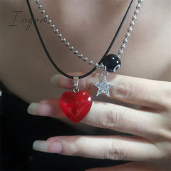 Vintage Star Red Crystal Heart Pendant Leather Rope Chain Necklace For Women Korean Fashion Collar Choker Necklace Y2K Jewelry