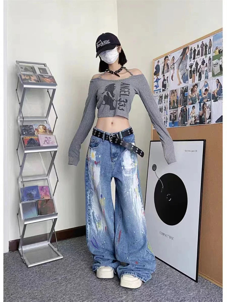 Ingvn  Women's Personalized Graffiti Tie Dye Design Jeans Young Girl Denim Trousers Vintage Street Bottoms Female High Waisted Pants