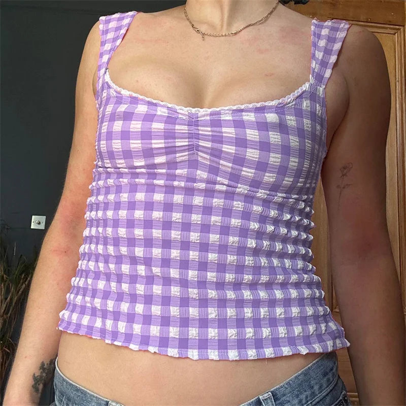 y2k Tops for Women Summer Fairycore Clothing Plaid Print Lace Trim Sleeveless Tanks T Shirts 2000s Clothing Streetwear