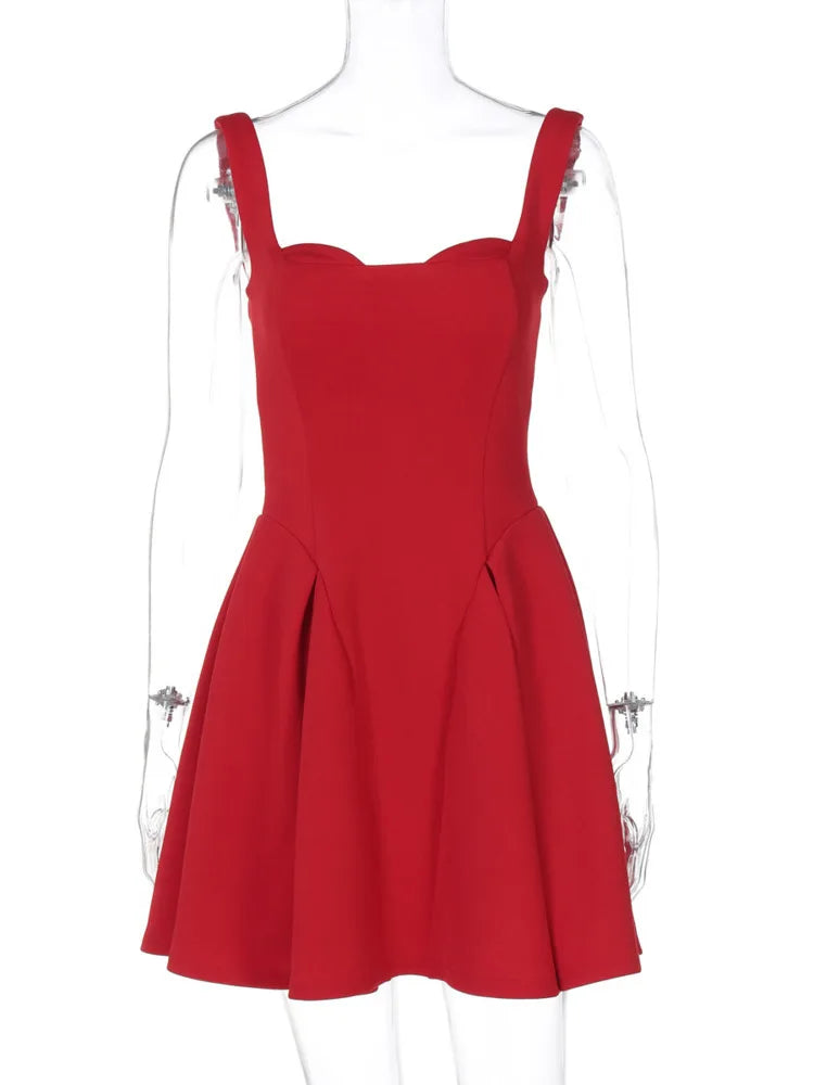 Spaghetti Strap Backless Sexy Mini Dress For Women Robe Solid Sleeveless High Waist A-line Pleated Club Party Dress