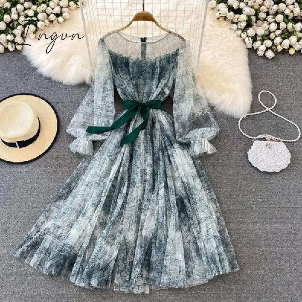 Ingvn - Sexy Mesh Printed Dress Women Spring Autumn Round Neck Puff Long Sleeve Ink Pattern A-Line Big Swing Vestidos Female New