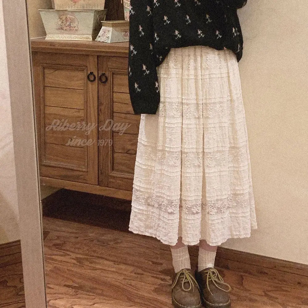 Thin Lace Half Skirt Women Summer Long Skirts Japanese Style Vintage Cake Skirts for Women Korean Fashion Faldas Largas