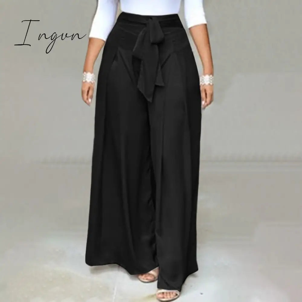 Ingvn - Elegant High Waist Solid Work Trousers Fashion Summer Women Loose Wide Leg Pants Palazzo Oversized Bow Tie Long Pantalon