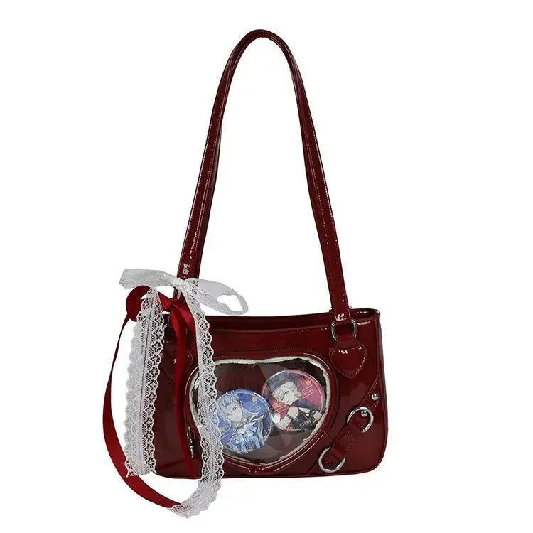 Ingvn  Lace Handbags for Women Lolita Jk Transparent Y2k Fashion Shoulder Bag Square Japanese Style Casual Leather Ladies Love Bag