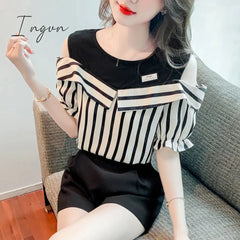 Ingvn - 2 Pieces Shorts Sets Summer Sweet Korean Off Shoulder Tops And Shorts 2 Pieces Sets Women Clothing Two Pieces Outfits Plus Size