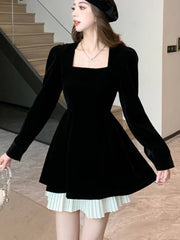 Korean Velvet Mini Dress Elegant Long Sleeve Square Collar Patchwork A-Line Birthday Party Vestidos High Waist Female Dresses