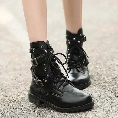 Ingvn  Ladies Boots Elegant with Low Heels Footwear Biker Shoes for Women Mid Calf Black Work Half High Gothic Boot Goth Gyaru Y2k Hot