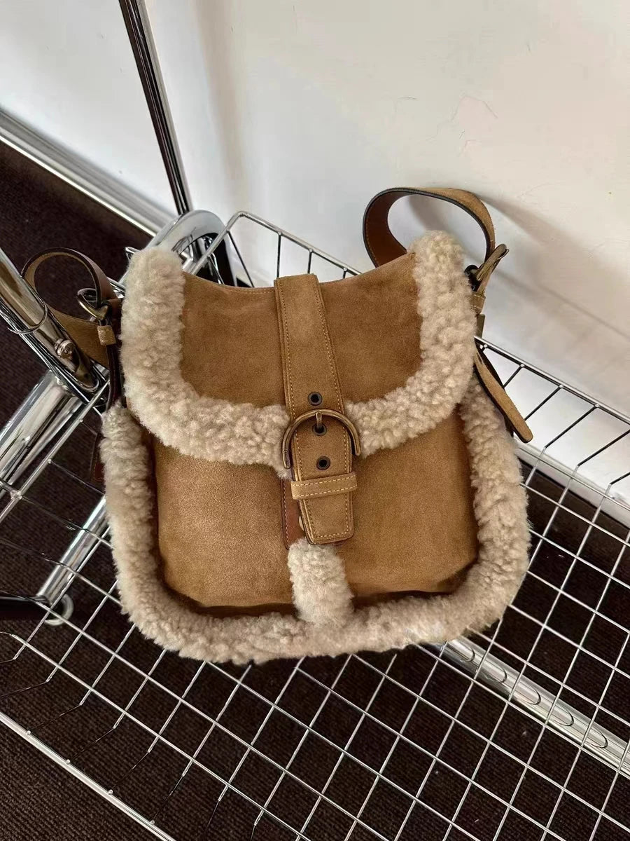 INGVN  Luxury Design Patchwork Fluffy Crossbody Bag Casual Women Vintage Trendy Handbags Streetwear Fashion Y2k Aesthetic Shoulder Bags