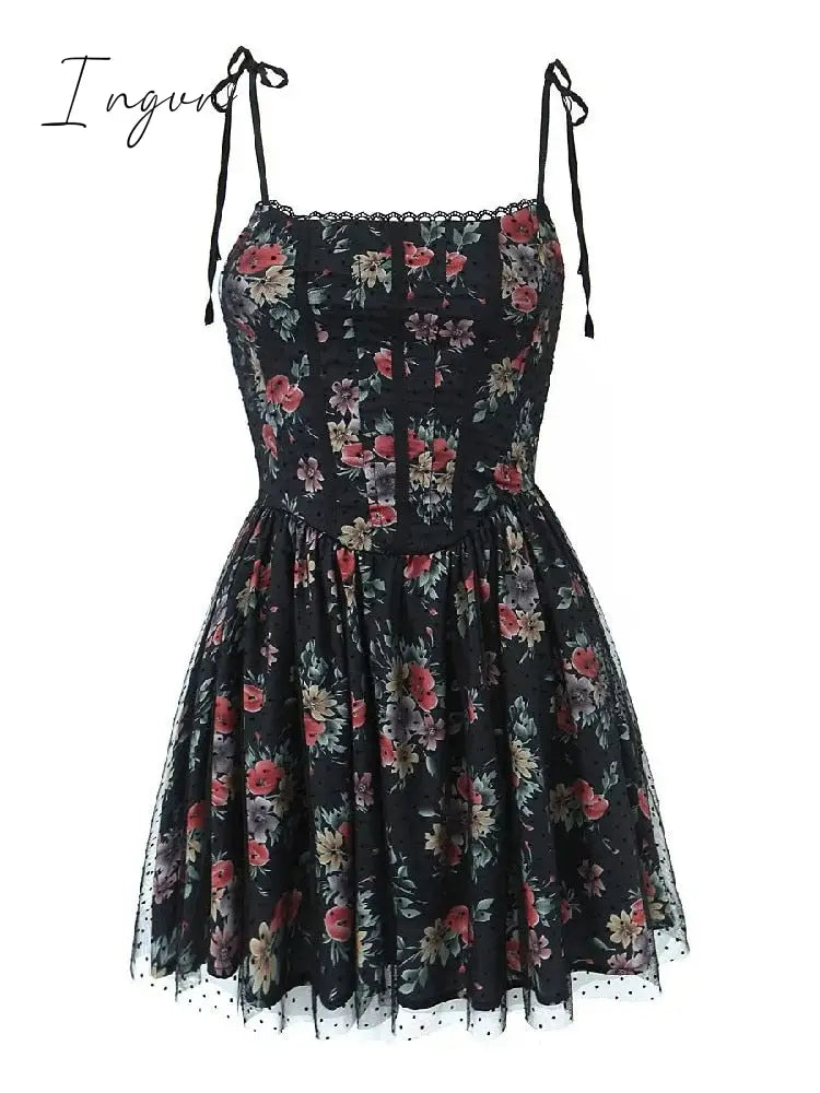 Ingvn - 2023 Sexy Women Black Flower Print Spliced Mesh Bra Corset style Mini Dress Slim Waist Party Skater Bow Lacing up Sling Robe