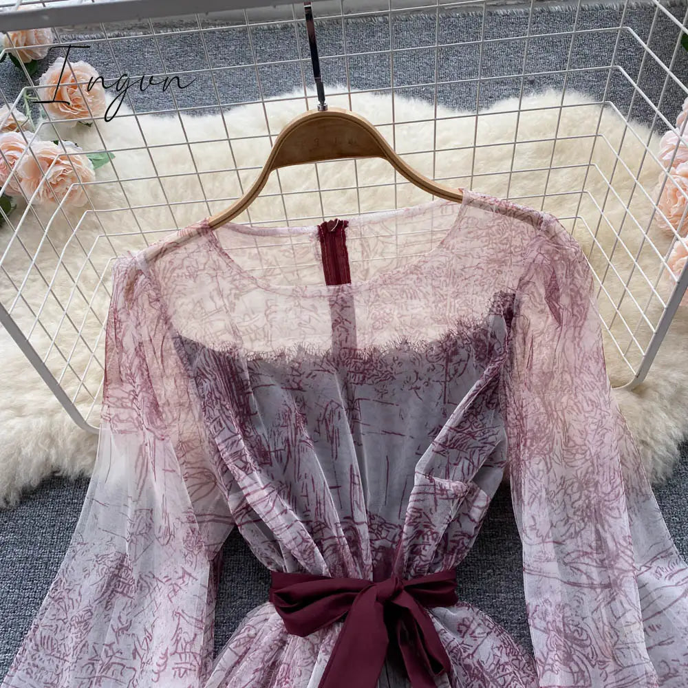 Ingvn - Elegant Women Mesh Dress Vintage Lantern Sleeves Printed Party Dresses Spring Summer Patchwork A Line Bandage Beach Dress