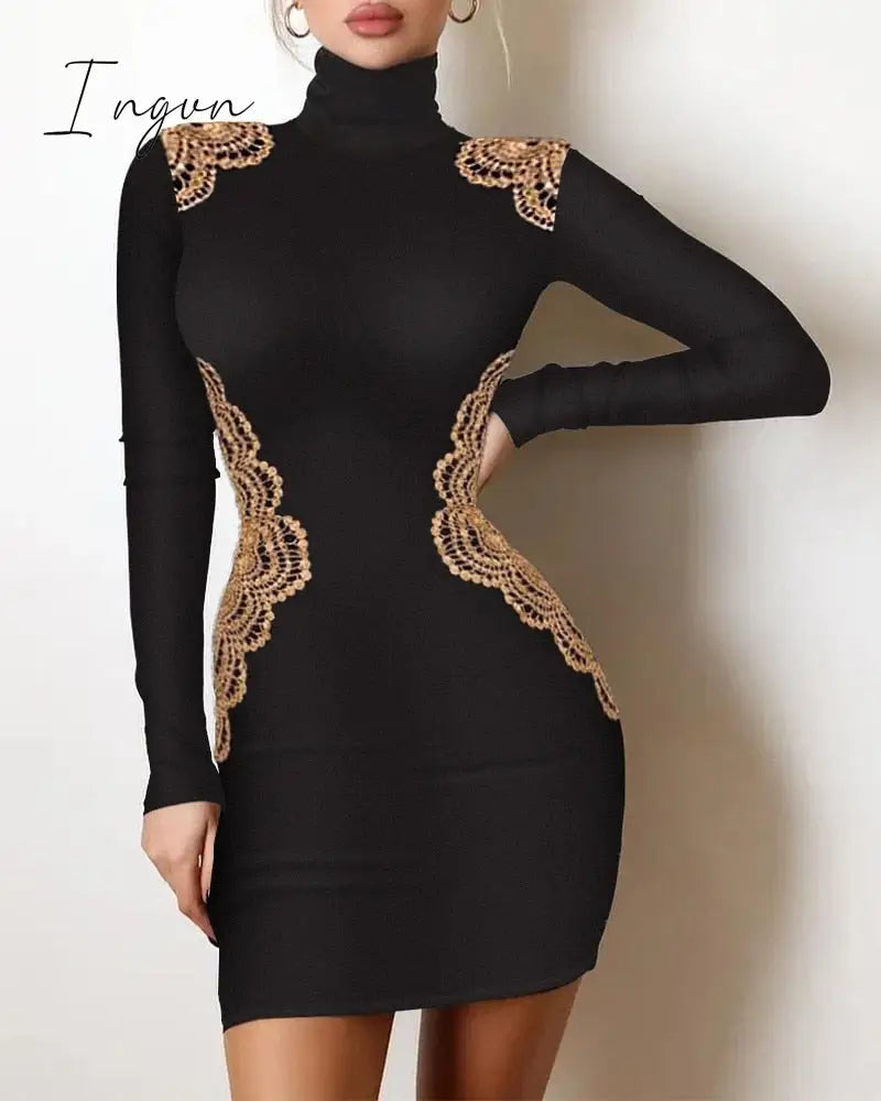 Ingvn - Y2K Sexy Floral Print Contrast Mesh Bodycon Dress Geometric Night Out Vestidos Mini Casual Daily Women Floral Dress