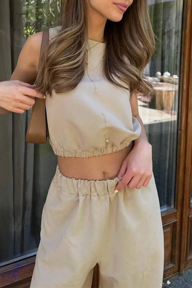 Ingvn- Casual Simplicity Solid Pocket Slit O Neck Sleeveless Two Pieces