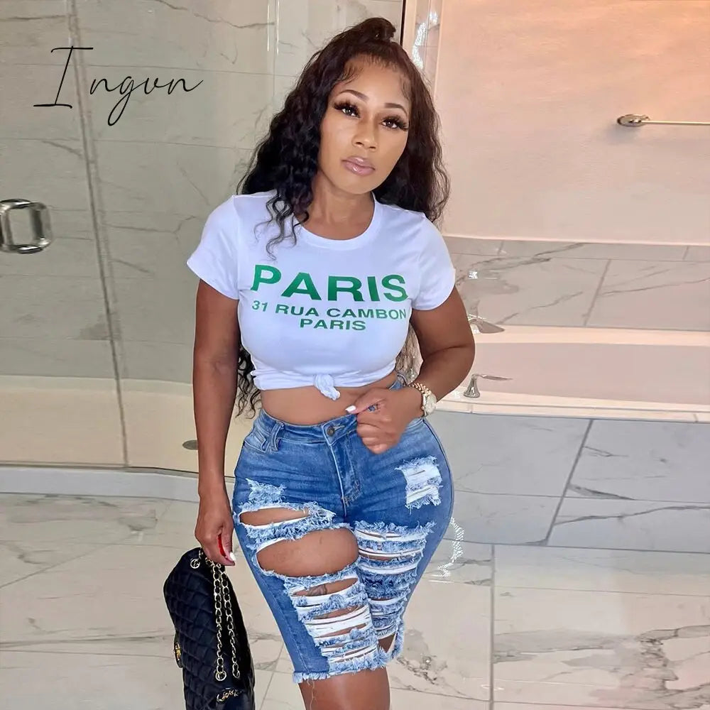 Ingvn - Y2K White Crop T Shirt Women Letter Print O-Neck Short Sleeve Casual Crop Tops Fashion Cute Streetwear Summer Slim Tees