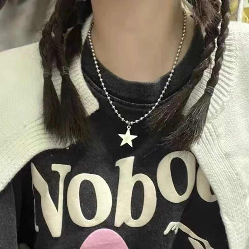 INGVN  Kpop Goth Silver Color Star Pendant Chain Necklace For Women Men Egirl Y2K Cool EMO Punk Aesthetic Grunge Jewelry Gifts