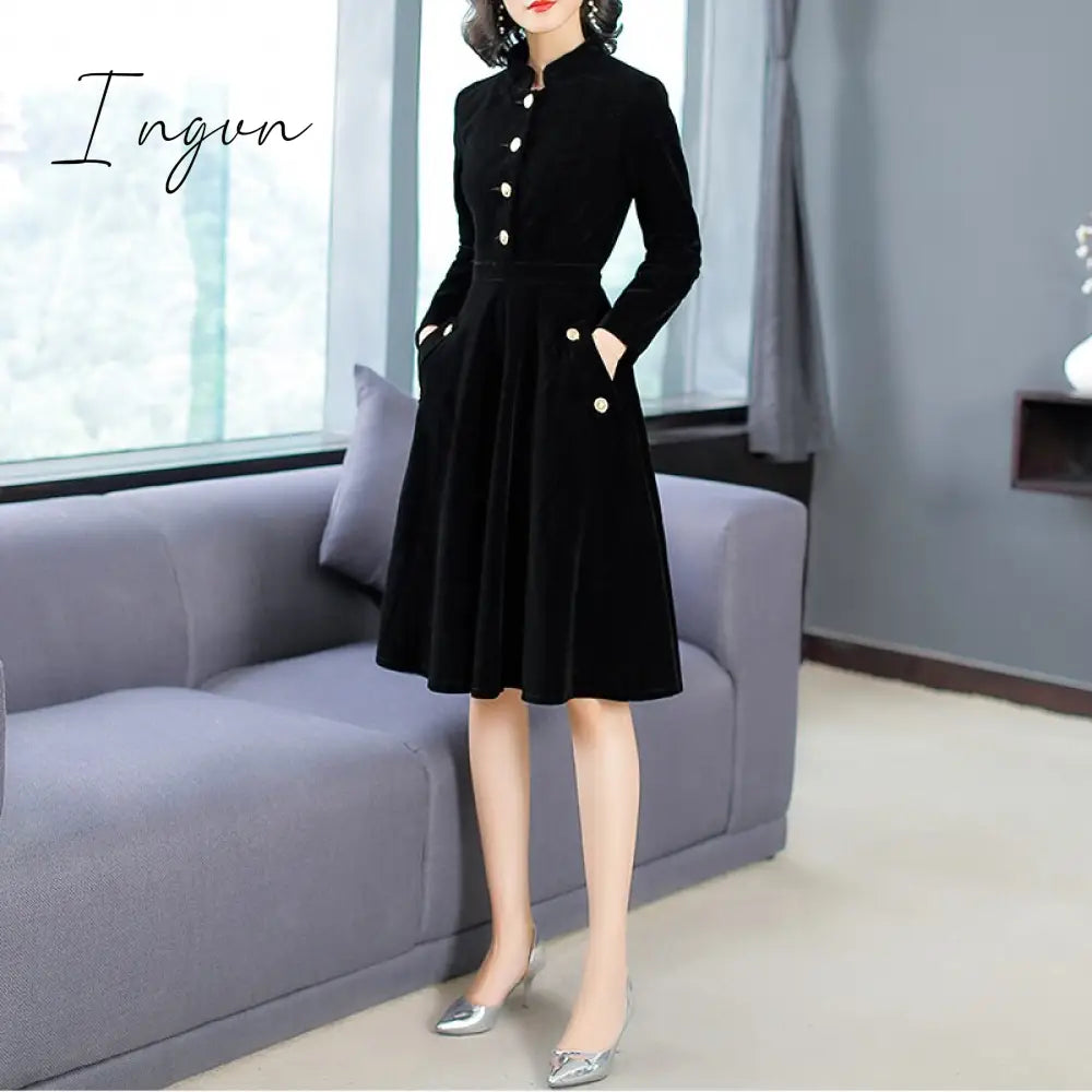 Ingvn - New Autumn And Winter Women European And American Hepburn Style Dress Black Thin Retro Velvet Collar