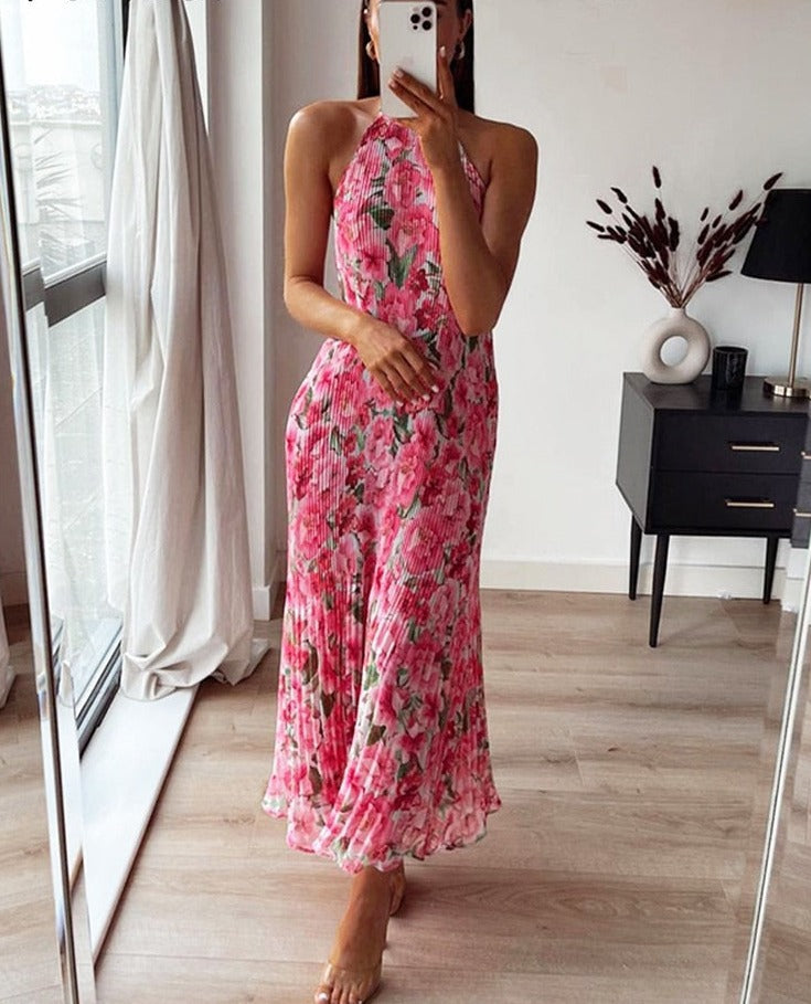 Sleevelss Halter Maxi Summer Dress for Women Sexy Backless Beach Pink Boho Robe Femme  Lace Up Sundress Floral Dress