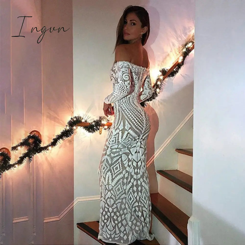 Ingvn - Slash Neck Slim Lace Fishtail Dress Party Women Elegant Long Sleeve Embroidered White Dresses Woman Evening Bride Smaid Vestidos
