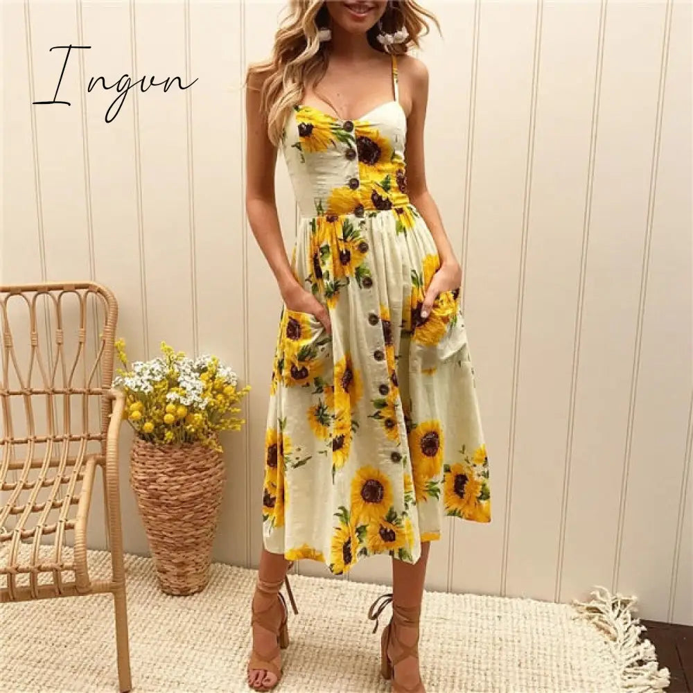 Ingvn - Boho Sexy Floral Dress Summer Vintage Casual Sundress Female Beach Dress Midi Button Backless Polka Dot Striped Women Dress