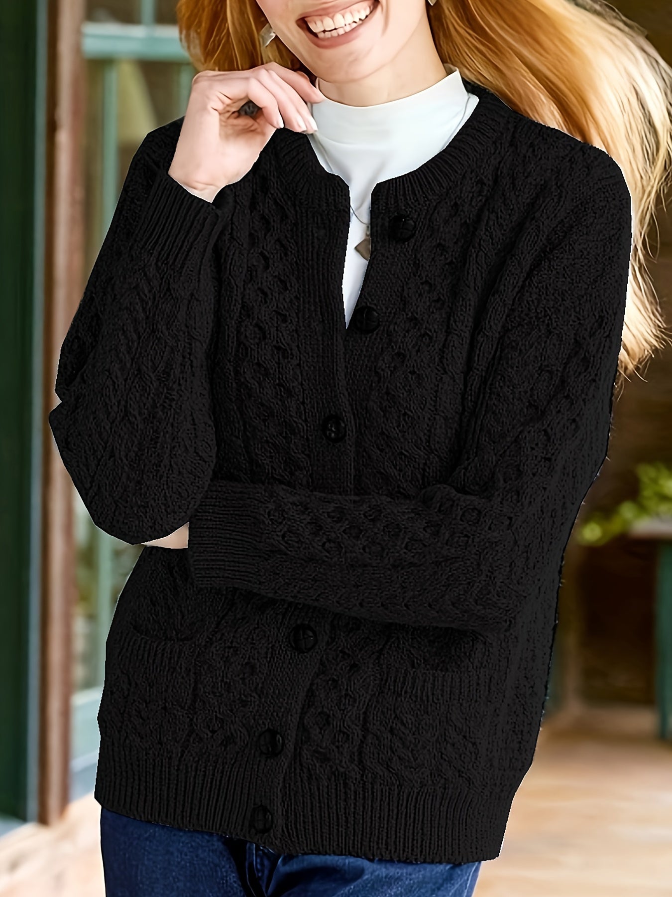 Cozy Chic Cardigan - Soft Knit, Crew Neck, Long Sleeve, Pocket Detail, Casual Women's Sweater for Everyday Wear - Perfect for Work, Date Night, or Relaxation