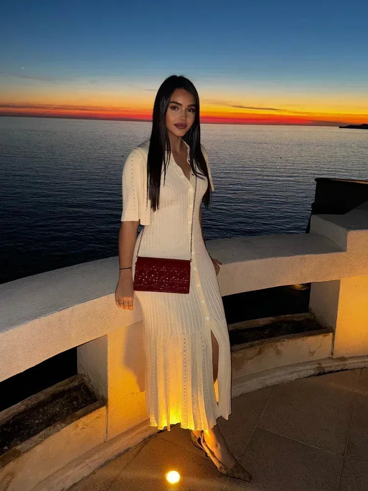 Elegant Women Hollow Out Knitted Maix Dress Short Sleeved Single Breasted Slim Dresses Fashion Solid Female Commuting Robes