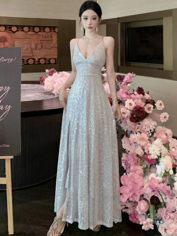 Sexy Slim Evening Gown Luxury Dresses Women's Backless V-Neck Split Maxi Dress Fashion Robe Birthday Party Spring Autumn New