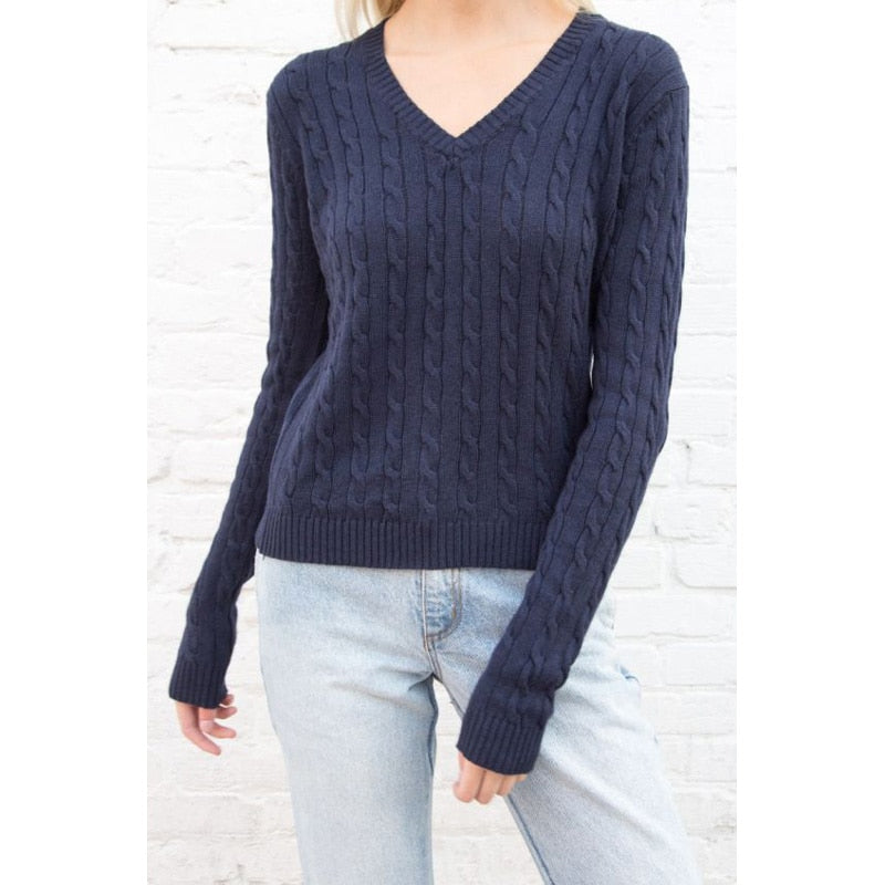 Brandy Mandy Sweaters Women White Knit Sweater Autumn Winter V Neck Long Sleev Knitted Sweater Navy Pullover Brandy Girl Sweater