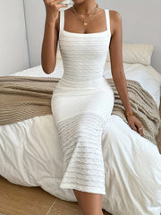 Elegant Sleeveless Textured Wide Strap Slim Fit Dress - Plain Dress For Spring & Summer - Women's Clothing