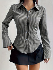 [Long Sleeve Shirt for Women] Elegant Striped Long Sleeve Shirt for Women - Slim Fit, Polyester, Machine Washable - Perfect for Spring/Fall