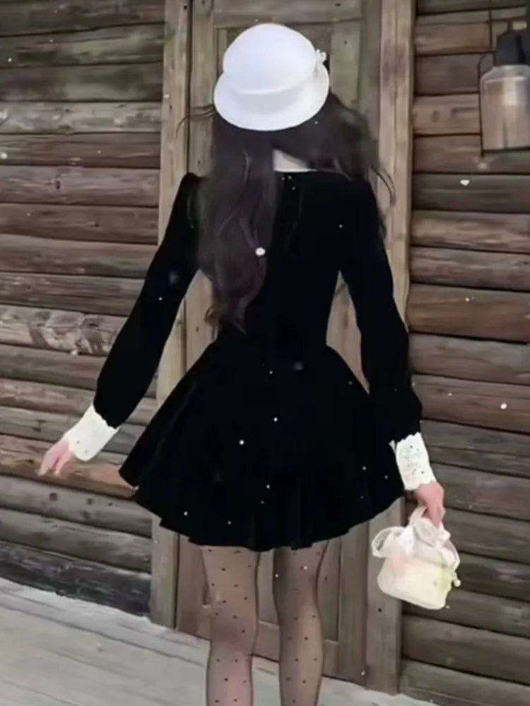 Autumn Velvet Mini Dress for Women French Vingate Bow Neck Lace Patchwork Evening Party Dresses Korean One Piece Vestidos Mujer