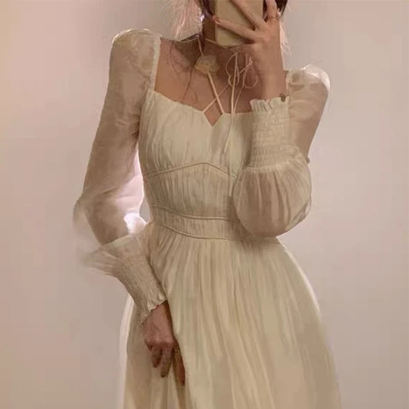 Spring Autumn New Korean Fashion Long Sleeves Midi Dresses for Women Elegant Evening Party Fairy A-line Y2k Female Clothing