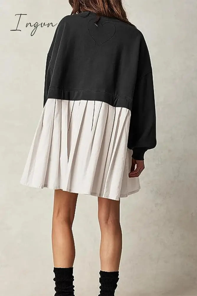 Ingvn - Casual Solid Patchwork Contrast O Neck Pleated Dresses