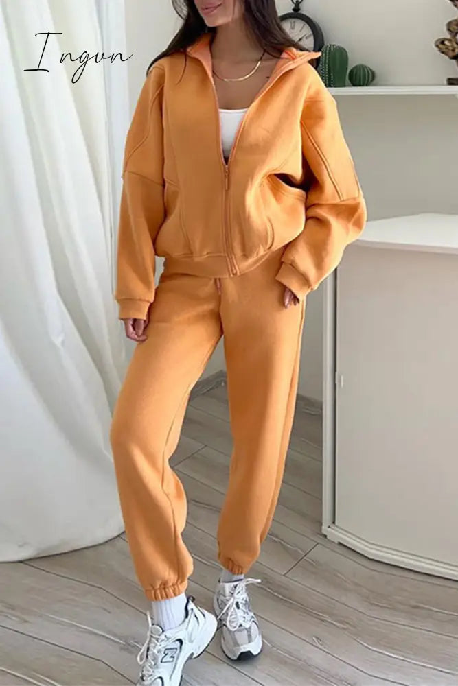 Ingvn - Casual Simplicity Solid Draw String Hooded Collar Long Sleeve Two Pieces