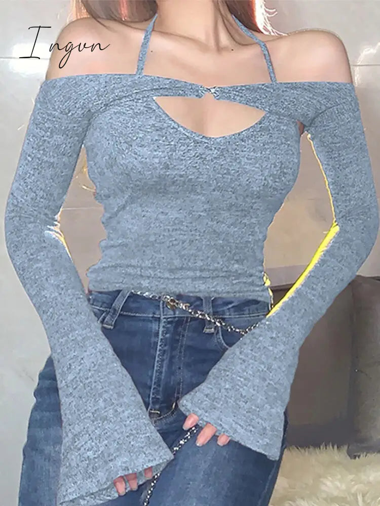Ingvn - Y2K Top Women Long Sleeve T-Shirts 2 Piece Tops Halter Tanks Backless Crop Top Off Shoulder Tees Sexy Christmas Clothes