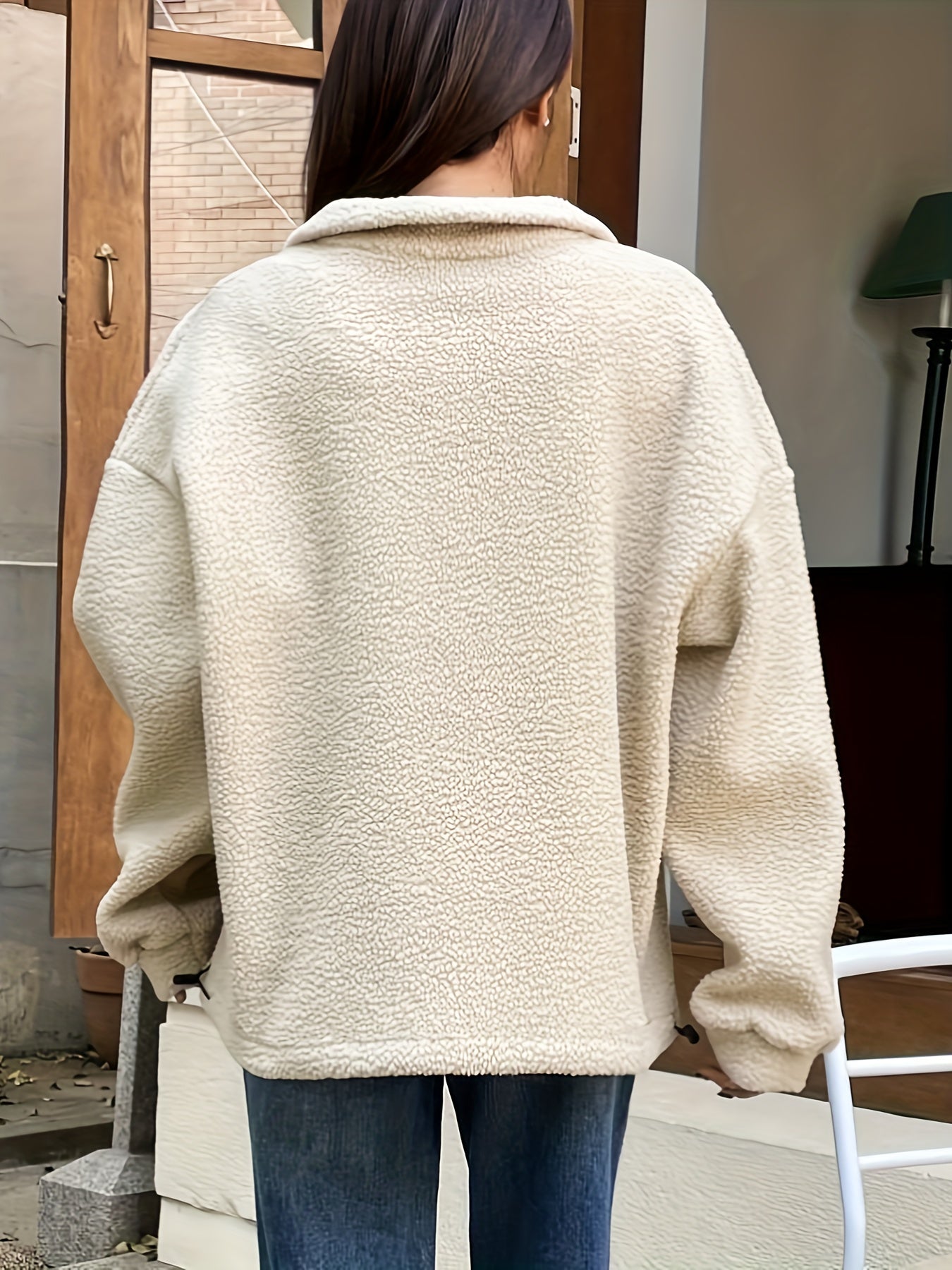 Solid Zip Front Plush Pullover Sweatshirt, Casual Long Sleeve Sweatshirt, Women's Clothing