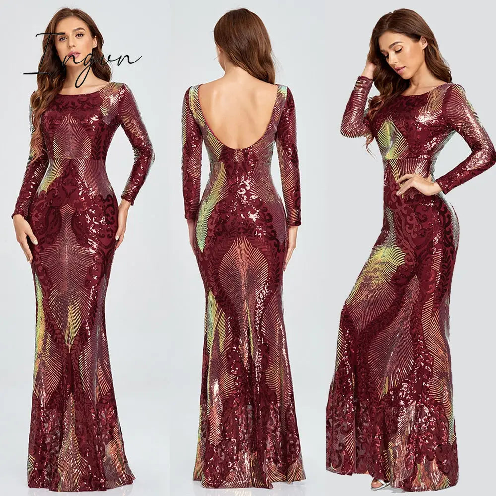 Ingvn - Hot Sale O-neck Long-Sleeve Shinning Sequins Evening Dresses Sexy Backless Mermaid Party Gowns Maxi Elegant Multi Female Robes vestidos