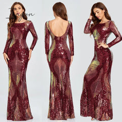Ingvn - Hot Sale O-neck Long-Sleeve Shinning Sequins Evening Dresses Sexy Backless Mermaid Party Gowns Maxi Elegant Multi Female Robes vestidos