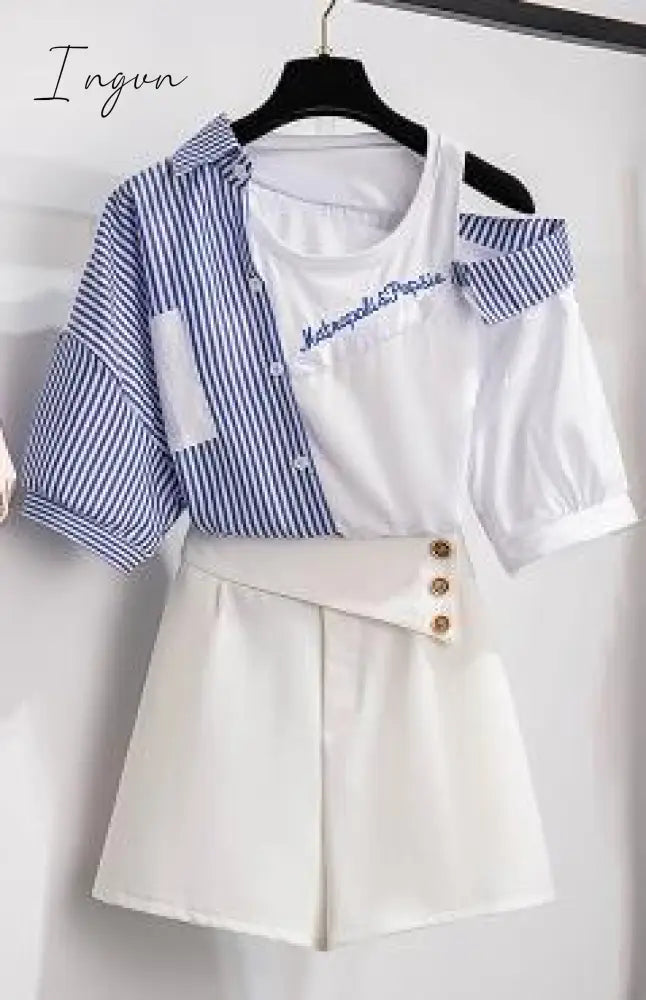 Ingvn - 2 pieces shorts sets summer Sweet Korean off shoulder striped patchwork tops and shorts 2 pieces sets women two pieces outfits