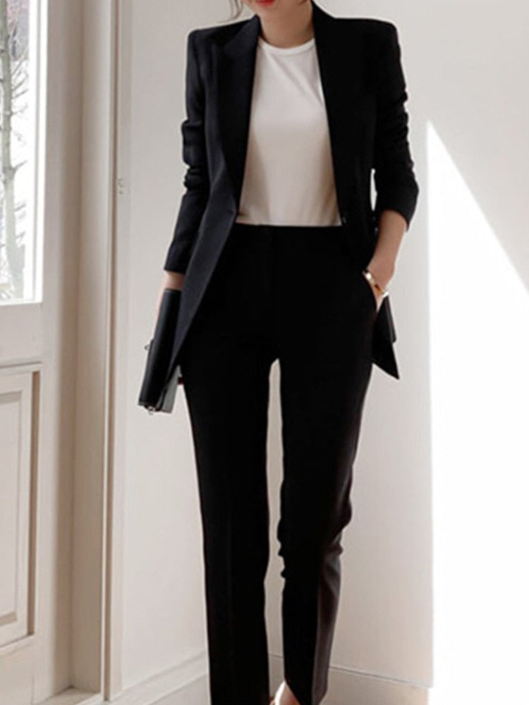 Women Spring Elegant Blazer Pantsuit Casual Jacket Pencil Pants 2 Piece Set Female Slim Fashion Korean Business Work Clothes