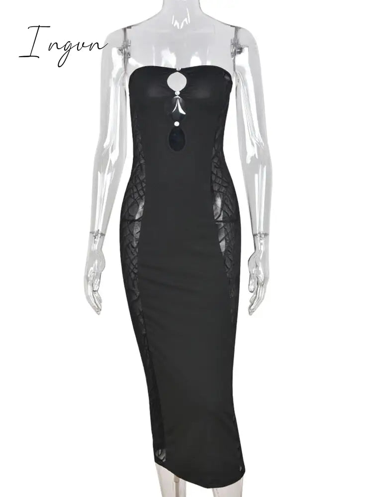 Ingvn - Black Lace Sexy Party Dresses Women Knee-Length Skinny Hole Hollow Out Backless Tube Strapless Sleeveless Summer Dresses