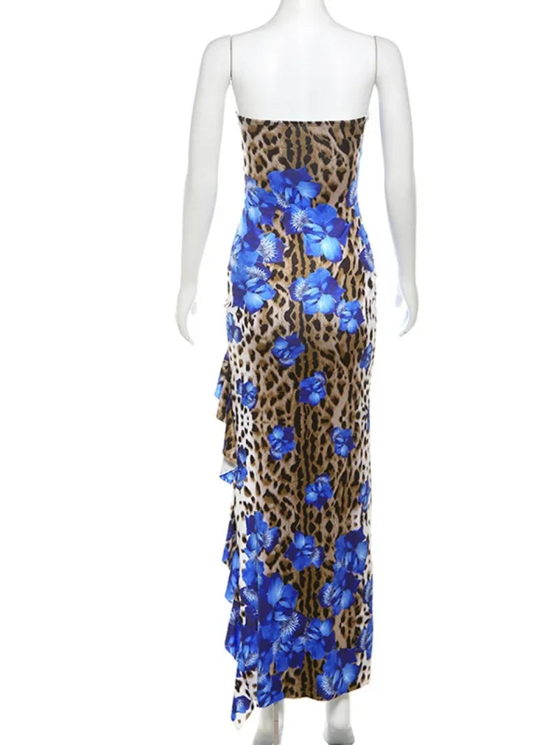 Ingvn  Fashion Women Strapless Floral Dresses  Sexy Sleeveless Leopard Printed High Waist Ruffles Split Long Party Holiday Dress