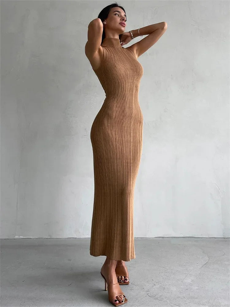 Sleeveless Knitwear Turtleneck Long Dress Female Slim Elegant Fashion Autumn 2023 Ribbed Knit Dress For Women Maxi Dress