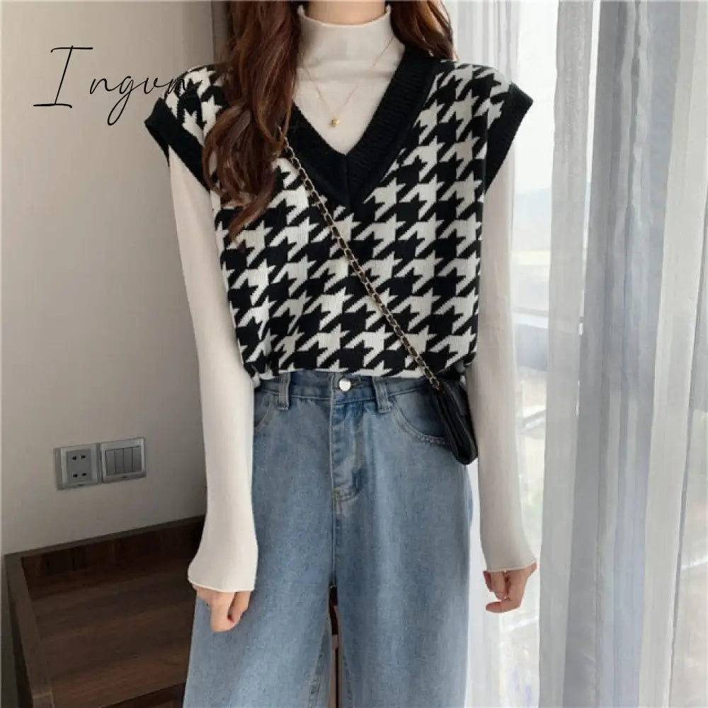 Ingvn - New Vintage V-neck Knitted Vest Sweater Women Sleeveless Pullover Elasticity Sweater Loose Female Casual Oversized Knitted Vest