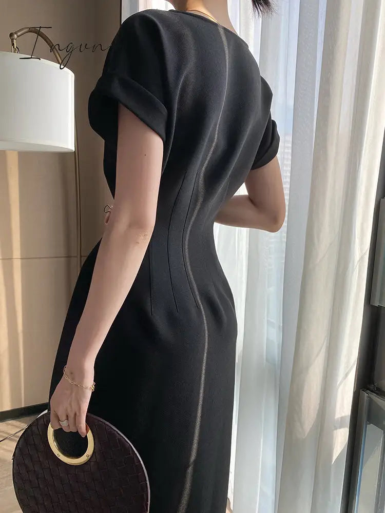 Ingvn - Women Fashion White Short Sleeve Mid-calf Dress