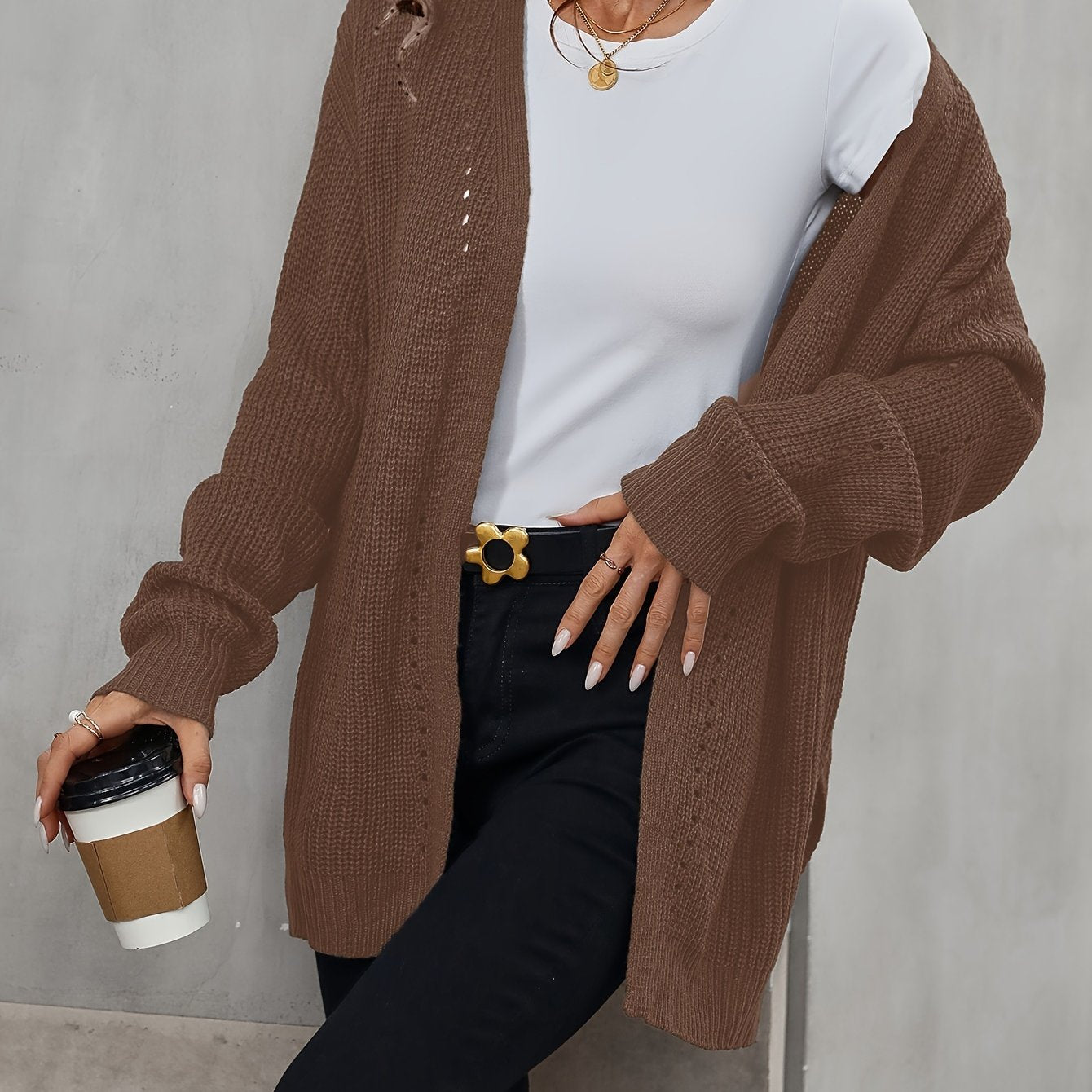 Solid Color Open Front Cardigan, Casual Long Sleeve Cardigan For Fall & Winter, Women's Clothing