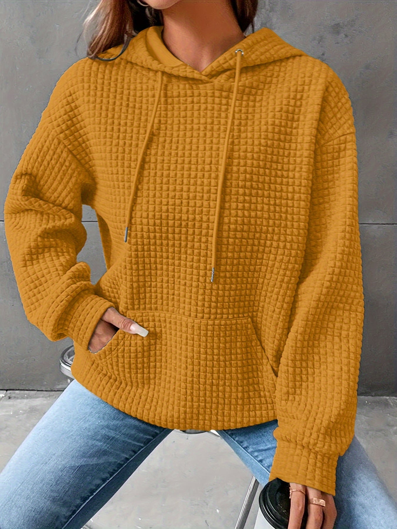Waffle Grid Kangaroo Pocket Hoodie, Casual Long Sleeve Drawstring Hoodies Sweatshirt, Women's Clothing