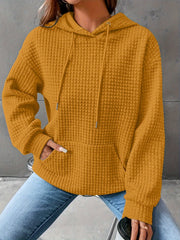 Waffle Grid Kangaroo Pocket Hoodie, Casual Long Sleeve Drawstring Hoodies Sweatshirt, Women's Clothing