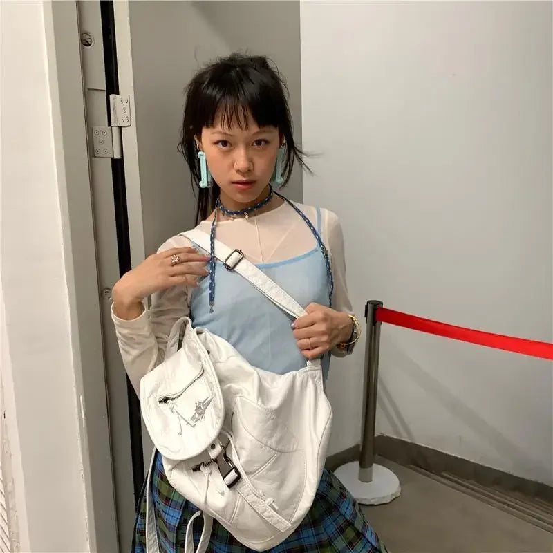 Ingvn  White Y2k Womens Backpack Vintage Pu Leather Casual Large Capacity Aesthetic Backpacks Fashion Female Luxury Designer Bags